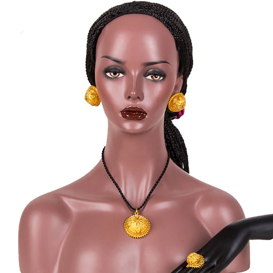Ethiopian Sets Habesha Necklace/Earrings/Ring Gold Color Black Rope Sudan Jewelry Set Eritrea Christian Women Wedding Bride Gift